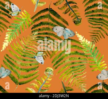 Motif de fougères aquarelles et de papillons sans couture avec insectes et feuilles de couleurs orange, vert, jaune et bleu. Texture de forêt sauvage vibrante Banque D'Images