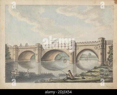 Pont au château d'Alnwick, Northumberland, William Beilby, 1740–1819, britannique, non daté, aquarelle sur papier légèrement texturé, moyen, beige, feuille : 8 1/8 × 10 3/4 pouces (20.6 × 27.3 cm), animaux, sujet architectural, pont (travaux de construction), château, figures, pêche, lion, rivière, moutons, cygnes, ALN, Alnwick, château d'Alnwick, Angleterre, Europe, Northumberland, Royaume-Uni Banque D'Images