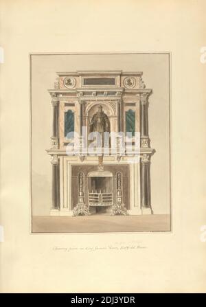 Pièce de cheminée dans la chambre King James, Hatfield House, John Buckler FSA, 1770–1851, British, et John Chessell Buckler, 1793–1894, British, 1812, aquarelle et stylo et encre noire sur papier à feuilles crème moyennement épais, feuille: 19 3/4 × 14 pouces (50.2 × 35.6 cm) et image: 12 × 9 3/8 pouces (30.5 × 23.8 cm), arches, sujet architectural, château, cheminées, maison de campagne, Jacobean, niche, pilastres, fenêtres, Angleterre, Europe, Hatfield, Hatfield House, Hertfordshire, Royaume-Uni Banque D'Images