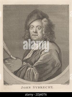 John Sybrecht, imprimé par Thomas Chambars, ca. 1724–1789, britannique, d'après Nicholas Largilliere, 1656–1746, français, non daté, décapage sur papier à feuilles de vélin beige moyennement épais, feuille: 11 13/16 x 9 1/8 pouces (30 x 23.1 cm), plaque: 6 9/16 x 5 1/8 pouces (16.7 x 13 cm), et image: 5 13/16 x 4 7/8 pouces (14.7 x 12.4 cm), pelage, col, boucles, chapeau de fourrure, regard, homme, pinceaux, peintre, palette, portrait, pose Banque D'Images