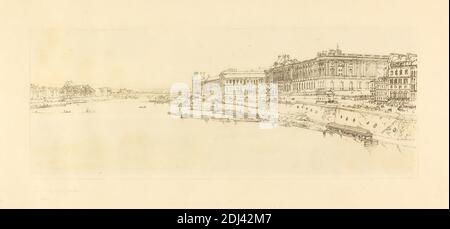 Vue du Louvre et du pont des Thuilleries prise de Pont neuf, Thomas Girtin, 1775–1802, britannique, d'après Thomas Girtin, 1775–1802, britannique, 1802, contour gravé au sol mou sur papier vélin crème modérément épais, légèrement texturé, feuille: 18 1/4 x 26 pouces (46.4 x 66 cm), plaque: 9 7/8 x 20 3/4 pouces (25.1 x 52.7 cm), et image : 6 7/8 x 17 3/4 pouces (17.5 x 45.1 cm), sujet architectural, barges (embarcations à fond plat), pont (travaux de construction), paysage urbain, cheval (animaux), bateaux à moteur, maisons, personnes, navires, escaliers, arbres, Europe, France, Jardins des Tuileries, Musée du Louvre, Palais des Tuileries Banque D'Images