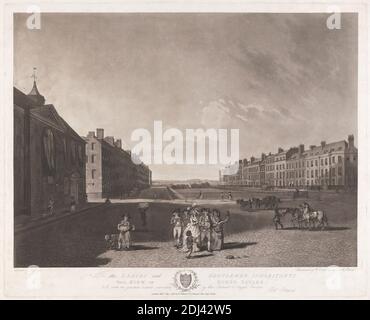 Vue de Queen Square, Robert Pollard, 1755–1838, British, et Robert Dodd, 1748–1816, British, After Edward Dayes, 1763–1804, British, 1789, Etching et aquatint sur modérément épais, modérément texturé, crème, papier couché, feuille: 19 1/2 × 24 7/16 pouces (49.5 × 62.1 cm), plaque: 17 3/4 × 22 pouces (45.1 × 55.9 cm), et image: 15 7/16 × 20 13/16 pouces (39.2 × 52.9 cm), tablier, sujet architectural, barils, mendiant, garçon, culottes (pantalons), bâtiments, chariot, transport, chariot, enfants, paysage urbain, tour d'horloge, couple, chiens (animaux), mode, clôtures, panier de fleurs, fleurs (plantes), genre Banque D'Images