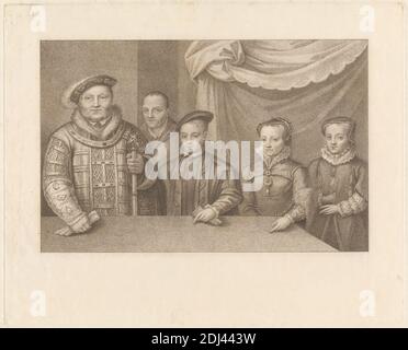 Roi Henri VIII avec Wwill Somer, Edward VI, Mary I, et Elizabeth I, imprimé par Francesco Bartolozzi RA, 1728–1815, italien, actif en Grande-Bretagne (1764–99), après Hans Holbein le plus jeune, ca. 1497–1543, allemand, actif en Suisse et en Angleterre, 1800, gravure et gravure en pointillé sur du papier à colombe moyennement épais, modérément texturé, feuille: 11 1/4 x 14 3/16 pouces (28.5 x 36 cm), plaque: 10 7/8 x 13 9/16 pouces (27.6 x 34.5 cm), et image: 7 1/4 x 11 1/16 pouces (18.4 x 28.1 cm), broches, col, draperies, famille, plumes, fourrure, gants, chapeaux, bijoux, rois (personnes), épingles, portrait Banque D'Images