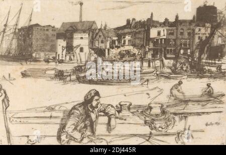 Black Lion Wharf, imprimé par James McNeill Whistler, 1834–1903, cuisine américaine, active en Grande-Bretagne (à partir de 1859), 1859, décapage et point sec sur du papier de Chine fin, légèrement texturé, beige, feuille : 9 1/8 x 14 pouces (23.1 x 35.5 cm) et image : 6 3/8 x 10 pouces (16.2 x 25.4 cm), sujet architectural, barges, bateaux, bâtiments, cap, chaîne, cheminée, paysage urbain, commerce, destruction, quai, genre, veste, échelle, mâts, hommes, arres, gréement, rivière, voiles, marins, enseignes, entrepôts, weathervane, quai, Black Lion Wharf, Angleterre, Grand Londres, Tour des Hamlets, United Isle of Dogs, Thames, London, London, Thames, London Banque D'Images