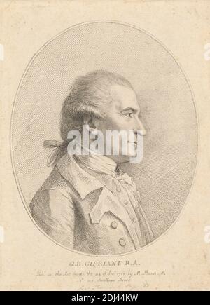 G. B. Cipriani, R. A., imprimé par Francesco Bartolozzi RA, 1728–1815, italien, actif en Grande-Bretagne (1764–99), publié par Marino Bovi, italien, 1758–ca.1805, italien, 1785, gravure en masse douce sur papier crème modérément épais, modérément texturé, feuille: 8 1/8 x 5 15/16 pouces (20.7 x 15.1 cm) et image: 6 5/8 x 5 5/16 pouces (16.8 x 13.5 cm), artiste, manteau, cravat, dessinateur (artiste), homme, ovale, peintre, portrait, profil (figure), Académie royale des Arts, gilet Banque D'Images