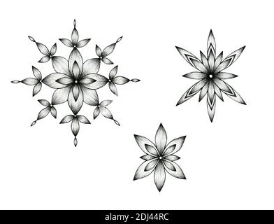 Décoration vintage flocon de neige isolée sur blanc, ensemble de flocons de neige fantaisie dessinés à la main pour l'hiver et les décorations et les motifs de Noël, élégant noir et blanc Banque D'Images
