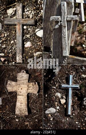 Collection d'images avec de vieilles croix en bois sur un masse Banque D'Images