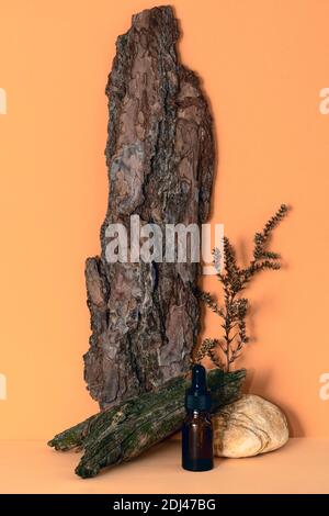 Flacon en verre cosmétique brun avec pipette, écorce d'arbre, pierre, plante séchée sur fond beige. Tendance des matériaux naturels et respect de l'environnement Banque D'Images
