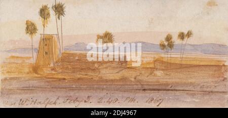 Près de Wady Halfeh, Edward Lear, 1812–1888, British, 1867, aquarelle, graphite, stylo et encre brune sur papier vélin moyen, légèrement texturé, beige feuille: 1 5/8 x 3 5/16 pouces (4.1 x 8.4 cm), bâtiment, lac, paysage, palmiers, rivière, sable, ciel, Afrique, lac Nasser, Nil, Soudan, Wadi Halfa Banque D'Images