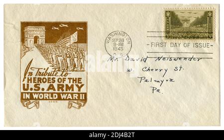 Washington D.C., les Etats-Unis, 28 septembre 1945: ENVELOPPE historique DES ETATS-UNIS: Couverture avec un cachet patriotique en hommage aux héros de l'armée américaine dans la Seconde Guerre mondiale Banque D'Images