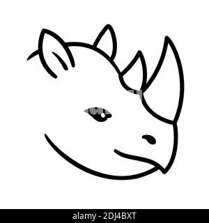 Tête de rhinocéros de dessin animé. Dessin de visage rhinoceros, dessin de ligne noir et blanc. Illustration de clip vectoriel. Illustration de Vecteur