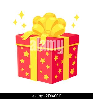 Boîte cadeau de Noël ou d'anniversaire. Cadeau enveloppé de rouge avec étoiles dorées et noeud en ruban. Illustration vectorielle isolée. Illustration de Vecteur
