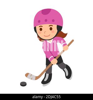 Jolie petite fille de dessin animé jouant au hockey, en uniforme rose et casque. Illustration de clip art vectoriel isolée. Illustration de Vecteur