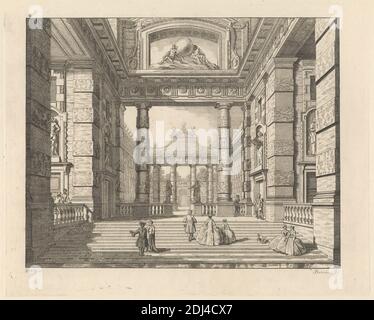 L'un des six modèles de perspective pour le miroir concave et les miroirs gravés dans les jardins Vauxhall, imprimé par Jacob Bonneau, 1741–1786, British, d'après Samuel Wale RA, 1721–1786, British, et d'après John Gwynn RA, 1713–1786, British, 1751, gravure de gravure, gravure en crépette et impression à point sec sur papier moyennement épais, lisse et crème, feuille : 11 1/4 x 15 1/2 pouces (28.6 x 39.4 cm), assiette: 9 3/4 x 12 3/16 pouces (24.8 x 31 cm), et image: 8 7/16 x 10 5/8 pouces (21.5 x 27 cm), arches, sujet architectural, balle, enfants, colonnes, miroirs concaves, costume, dessins, discussion, chien (animal Banque D'Images