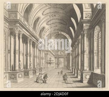 L'un des six modèles de perspective pour le miroir concave et les miroirs gravés dans les jardins Vauxhall, imprimé par Jacob Bonneau, 1741–1786, British, d'après Samuel Wale RA, 1721–1786, British, et d'après John Gwynn RA, 1713–1786, British, 1751, gravure, impression à point sec et gravure à crépi sur papier moyennement épais, lisse et crème, feuille : 11 3/16 x 15 9/16 pouces (28.4 x 39.5 cm), assiette: 8 7/8 x 10 11/16 pouces (22.5 x 27.1 cm), et image: 8 1/2 x 10 5/16 pouces (21.6 x 26.2 cm), animaux, arches, sujet architectural, cannes, chandeliers, enfants, capes, colonnes, miroirs concaves, costume Banque D'Images