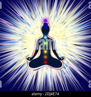 L'aura du corps. Le système chakral. Position Lotus. Les couches éthériques, émotionnelles, métalliques, astrales, célestes et causales.Illustration Banque D'Images