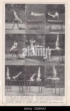 Photos vintage de gymnastique: Exercices sur le cheval de saut, les barres horizontales et parallèles. Banque D'Images