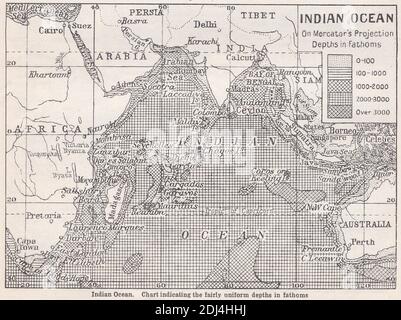 Carte d'époque / carte de l'océan Indien - projection de Mercator indiquant les profondeurs assez uniformes des brasses 1900. Banque D'Images