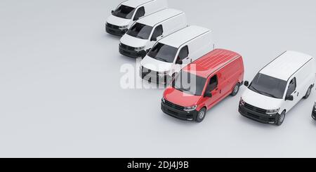Un minibus rouge se tenant à l'extérieur d'une flotte de véhicules blancs vans 3d illutration Banque D'Images