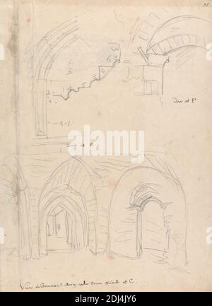 Voir dans l'histoire du sous-sol sous la Chambre des Lords, attribuée à John carter, 1748–1817, British, entre 1800 et 1807, Graphite et stylo et encre noire sur papier de vélin crème légèrement texturé, épaisseur moyenne, feuille : 14 1/2 × 10 5/8 pouces (36.8 × 27 cm), sujet architectural, sous-sol, vue intérieure, relevé, Cité de Westminster, Angleterre, Chambre des Lords, Londres, Palais de Westminster, Royaume-Uni Banque D'Images