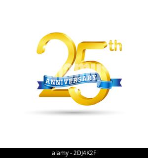 Logo du 25e anniversaire d'or avec ruban bleu isolé sur fond blanc. logo 3d Gold Anniversary Illustration de Vecteur