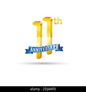 Logo du 11e anniversaire doré avec ruban bleu isolé sur fond blanc. logo 3d Gold Anniversary Illustration de Vecteur