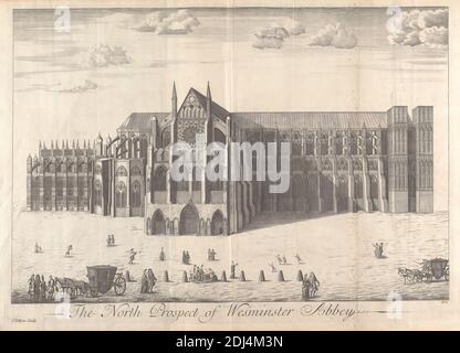 The North Prospect of Westminster Abbey, imprimé par John Collins, active ca. 1682, entre 1680 et 1710, gravure en ligne sur du papier blanc à colombe légèrement texturé, moyen, feuille: 20 1/2 × 28 1/4 pouces (52.1 × 71.8 cm), plaque: 19 1/2 × 27 1/4 pouces (49.5 × 69.2 cm), et image: 17 7/8 × 26 1/2 pouces (45.4 × 67.3 cm), sujet architectural, Cité de Westminster, Angleterre, Londres, Palais de Westminster, Royaume-Uni, Abbaye de Westminster Banque D'Images