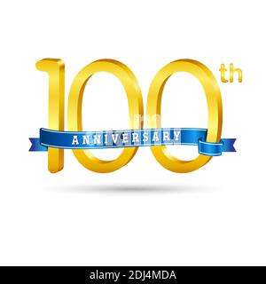 Logo 100e anniversaire doré avec ruban bleu isolé sur fond blanc. logo 3d Gold Anniversary Illustration de Vecteur