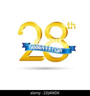Logo du 28e anniversaire d'or avec ruban bleu isolé sur fond blanc. logo 3d Gold Anniversary Illustration de Vecteur