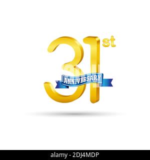 Logo du 31e anniversaire d'or avec ruban bleu isolé sur fond blanc. logo 3d Gold Anniversary Illustration de Vecteur