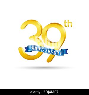 Logo du 39e anniversaire d'or avec ruban bleu isolé sur fond blanc. logo 3d Gold Anniversary Illustration de Vecteur