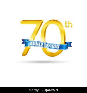 Logo 70e anniversaire doré avec ruban bleu isolé sur fond blanc. logo 3d Gold Anniversary Illustration de Vecteur