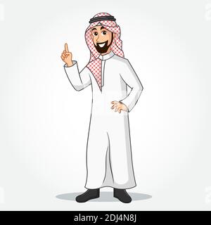 Personnage de dessin animé d'homme d'affaires arabe dans des vêtements traditionnels pointant vers le haut de l'index mouvement du doigt pour copier l'espace isolé sur fond blanc Illustration de Vecteur