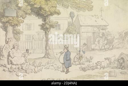 M. et Mme Jolly à leur Country House, Thomas Rowlandson, 1756–1827, Britannique, non daté, aquarelle et graphite avec stylo et encre grise et stylo et encre rouge brune sur papier à feuilles moyennes, légèrement texturées, crème, feuille: 5 7/8 x 9 1/4 pouces (14.9 x 23.5 cm), cabane à oiseaux, bleu, bonnets (chapeaux), calèche, poulets, enfants, maison de campagne, bouée, chiens (animaux), canards, clôture, genre sujet, cheval (animal), maison, hommes, porcelets, cochons, pipe, hangar, arbres, belette, fenêtres Banque D'Images