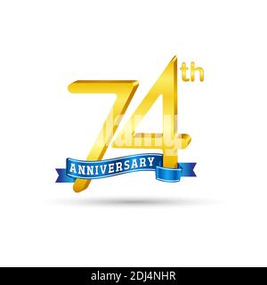 74e logo Golden Anniversary avec ruban bleu isolé sur fond blanc. logo 3d Gold Anniversary Illustration de Vecteur