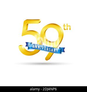 Logo 59ème anniversaire doré avec ruban bleu isolé sur fond blanc. logo 3d Gold Anniversary Illustration de Vecteur