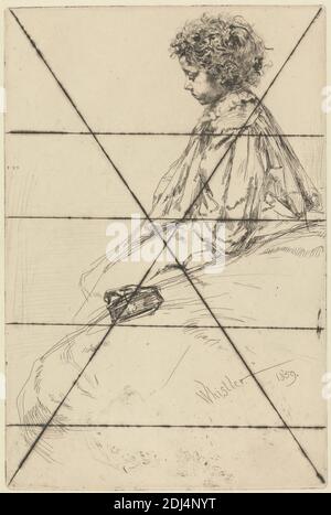 Bibi l'alouette, James McNeill Whistler, 1834–1903, américain, actif en Grande-Bretagne (à partir de 1859), 1859, Décapage et point sec, imprimé à partir d'une plaque annulée sur papier moyen, lisse, crème, feuille: 10 1/2 x 7 1/2 pouces (26.7 x 19.1 cm), plaque: 9 x 6 pouces (22.9 x 15.2 cm), et image: 9 x 6 pouces (22.9 x 15.2 cm), enfant, collier, fille, dentelle, portrait, maque Banque D'Images