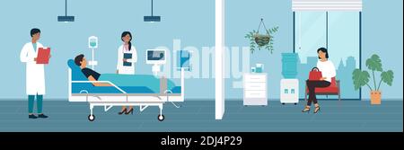 Illustration vectorielle de la médecine hospitalière. Personnage de dessin animé hospitalisé allongé dans le lit avec un compte-gouttes de thérapie intensive, équipement médical dans la salle moderne, famille attendant la visite de l'arrière-plan du patient Illustration de Vecteur