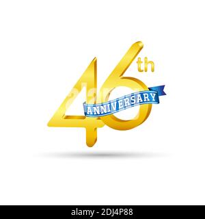 Logo 46e anniversaire doré avec ruban bleu isolé sur fond blanc. logo 3d Gold Anniversary Illustration de Vecteur