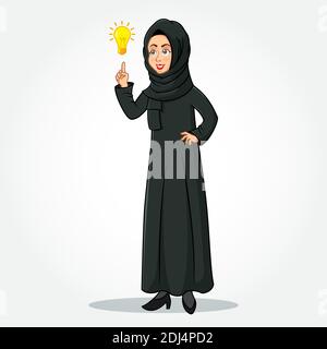 Personnage de dessin animé de femme d'affaires arabe dans des vêtements traditionnels pointant vers l'ampoule d'idée lumineuse comme un symbole d'avoir une idée. Isolé sur bac blanc Illustration de Vecteur