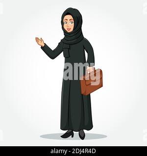 Personnage de dessin animé de femme d'affaires arabe dans des vêtements traditionnels tenant un Briefcase Avec mains accueillantes isolées sur fond blanc Illustration de Vecteur