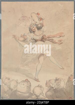 Danseuse à Tambourine, Thomas Rowlandson, 1756–1827, britannique, entre 1790 et 1795, aquarelle et graphite avec stylo et encre grise et stylo et encre brune sur papier vélin moyen, légèrement texturé, monté sur papier vélin épais, modérément texturé, feuille : 11 11/16 x 8 11/16 pouces (29.7 x 22.1 cm) et montage : 12 1/16 x 9 pouces (30.6 x 22.9 cm), public, bracelets, danseuse, plumes, femme, genre sujet, jambes, hommes, collier, perles, rubans, tambourine Banque D'Images