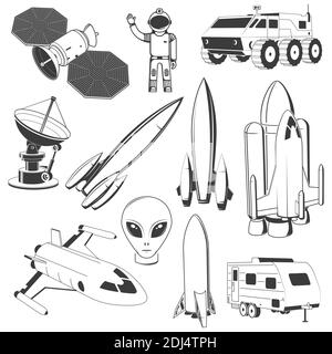 Icône jeu d'espace. Concept d'illustration vectorielle pour chemise, imprimé, timbre. Spaceman, astronaute, satellite, extraterrestre, navette, fusée, mars rover, caravane, navette Illustration de Vecteur