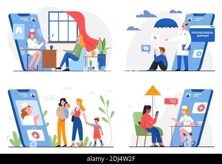 Service en ligne de médecine de santé, jeu d'illustrations vectorielles médecin et patient. Dessin animé consultation médicale par téléphone avec thérapeute, psychologue, pédiatre médecin aide via smartphone Illustration de Vecteur
