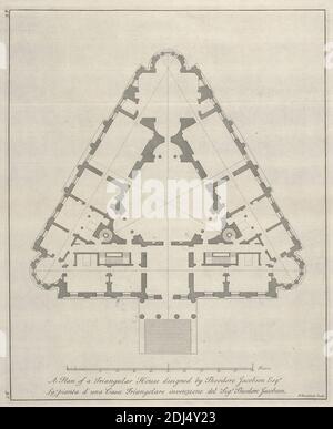 Un plan d'une maison triangulaire conçu par Theodore Jacobsen Esqr., Paul Fourdrinier, français, d'après Theodore Jacobsen, mort en 1772, britannique, non daté, Etching sur modérément épais, légèrement texturé, papier crème, feuille: 19 3/4 x 16 1/4 pouces (50.2 x 41.2 cm), plaque: 14 5/16 x 11 5/8 pouces (36.3 x 29.6 cm), et image : 14 x 11 3/8 pouces (35.5 x 28.9 cm), dessin architectural, sujet architectural, conception, maison, mesure, plan (dessin), échelle (règle), triangulaire Banque D'Images