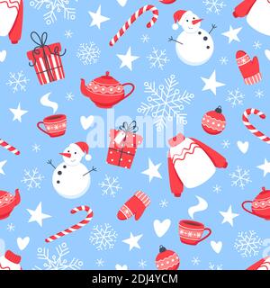 Motif de Noël sans couture avec bonhomme de neige, flocons de neige et bonbons du nouvel an sur fond bleu Illustration de Vecteur