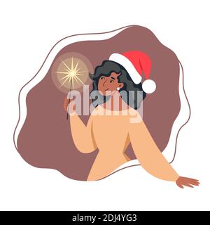Femme en robe et chapeau de père Noël tenant un sparkler, illustration vectorielle dans un style plat Illustration de Vecteur