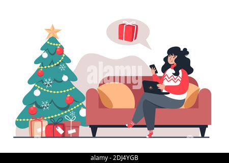 Femme achète des cadeaux de Noël en ligne magasin. Les achats en ligne du nouvel an à la maison Illustration de Vecteur