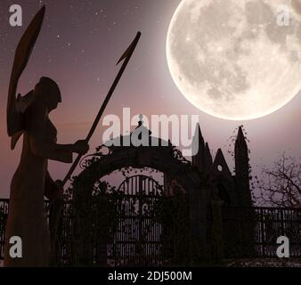 Ange de la mort devant une porte - Spooky arrière-plan de nuit avec lune - rendu 3d Banque D'Images