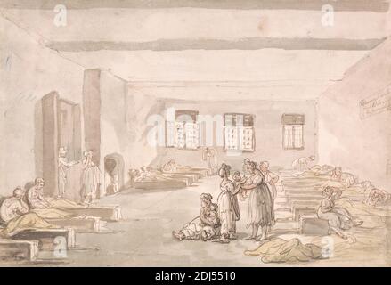 Bridewell, The Pass Room, House of correction, Thomas Rowlandson, 1756–1827, British, non daté, aquarelle avec stylo et encre rouge-marron et graphite sur papier vélin, moyennement texturé, blanc bleuté, feuille : 7 5/8 x 11 1/16 pouces (19.4 x 28.1 cm), poutres (éléments structurels), lits (meubles), couvertures (couvertures), enfants, établissement correctionnel, portes, intérieur, prison, chambre, fenêtres, femmes, prison de Bridewell, Angleterre, Europe, Londres, Royaume-Uni, Westminster Banque D'Images